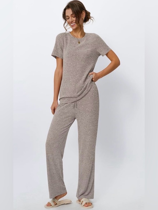 Tops - Soft Ribbed Lounge Set 2 Piece Matching Set Comfy Outfit Relaxed Fit Khaki